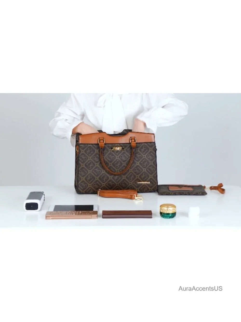Monogram Faux Leather Satchel Purse 2-Piece Set Large Work Tote